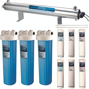 Bluonics Complete Well Water Whole House Water Filtration System 3-Stage with 110W UV 24GP